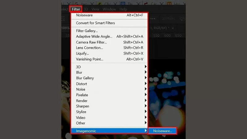 Chọn Filter → Imagenomic → Noiseware để bắt đầu xử lý