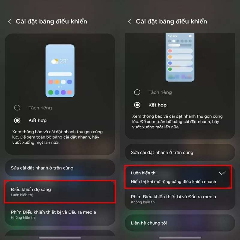 Điều chỉnh thanh độ sáng và các tùy chọn khác