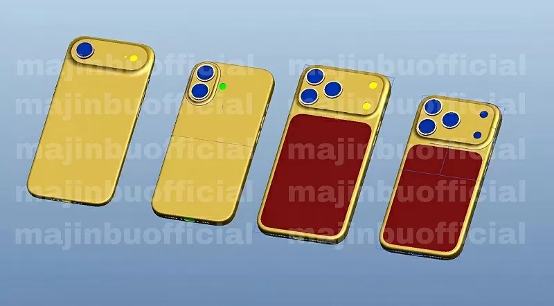 Hình ảnh CAD loạt iPhone 17, trong đó iPhone 17 Pro và iPhone 17 Pro Max có khu vực màu đỏ ở mặt lưng - đánh dấu thiết kế nửa kính và nửa nhôm Hình ảnh CAD loạt iPhone 17, trong đó iPhone 17 Pro và iPhone 17 Pro Max có khu vực màu đỏ ở mặt lưng - đánh dấu thiết kế nửa kính và nửa nhôm