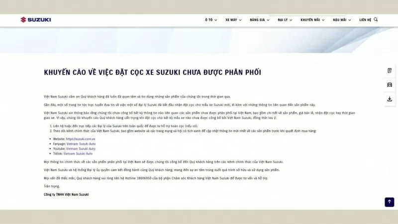 Khuyến cáo về việc đặt cọc xe Suzuki chưa được phân phối Khuyến cáo về việc đặt cọc xe Suzuki chưa được phân phối