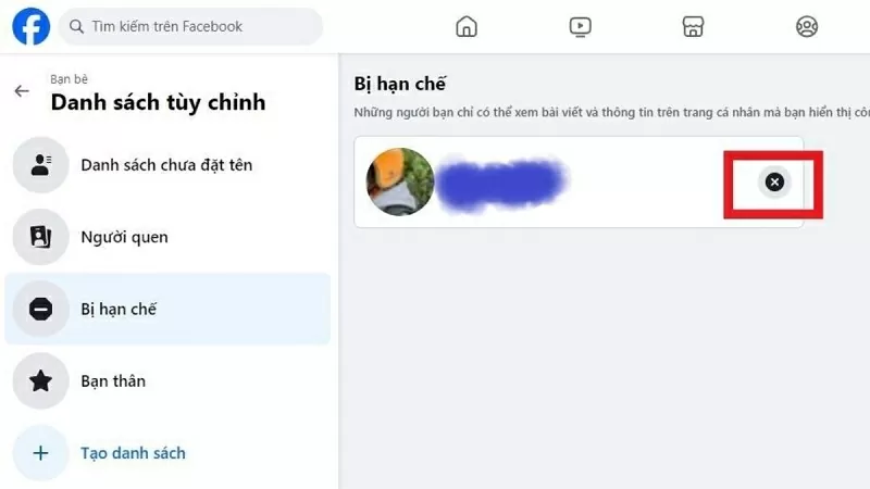 Nhấn dấu X để bỏ hạn chế