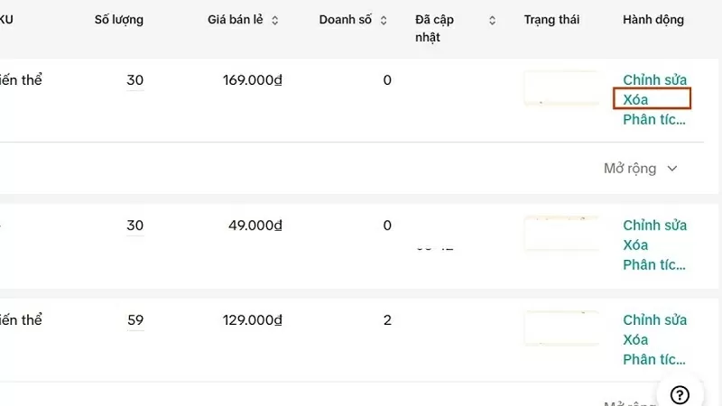 Nhấn nút Xóa bên cạnh sản phẩm