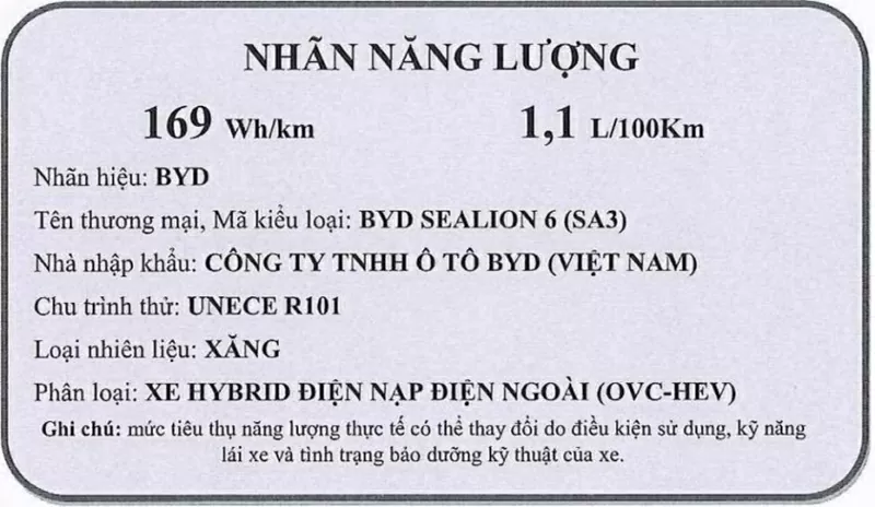 Nhãn năng lượng của BYD Sealion 6