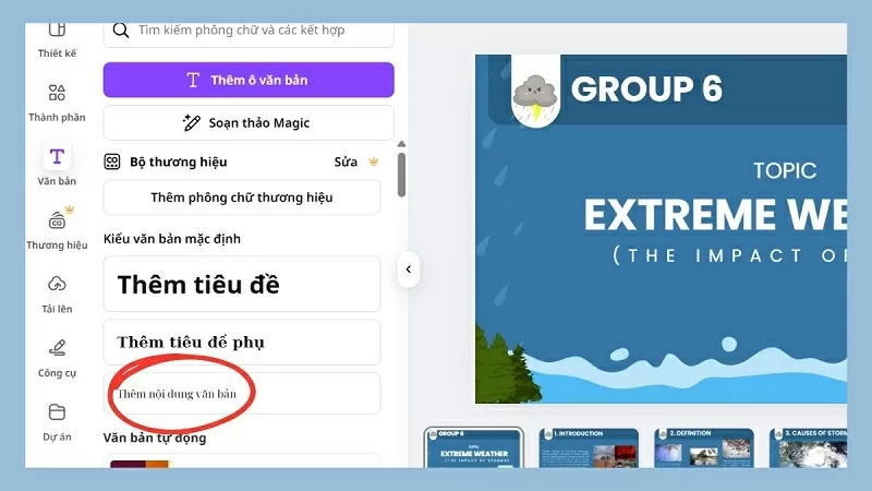 Chọn mục Thêm phần nội dung thân văn bản
