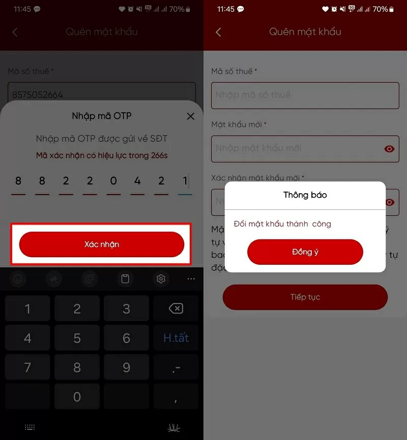 Nhập mã xác minh và nhấn Xác nhận