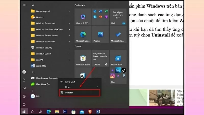 Gỡ cài đặt Zalo từ Start Menu