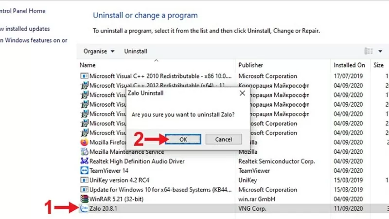 Gỡ Zalo bằng Control Panel