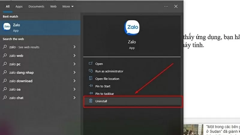 Xóa cài đặt Zalo trên máy tính bằng công cụ tìm kiếm