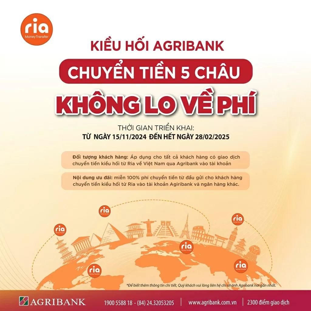 Chuyển tiền Kiều hối Ria về Việt Nam tại Agribank – phí 0 đồng.