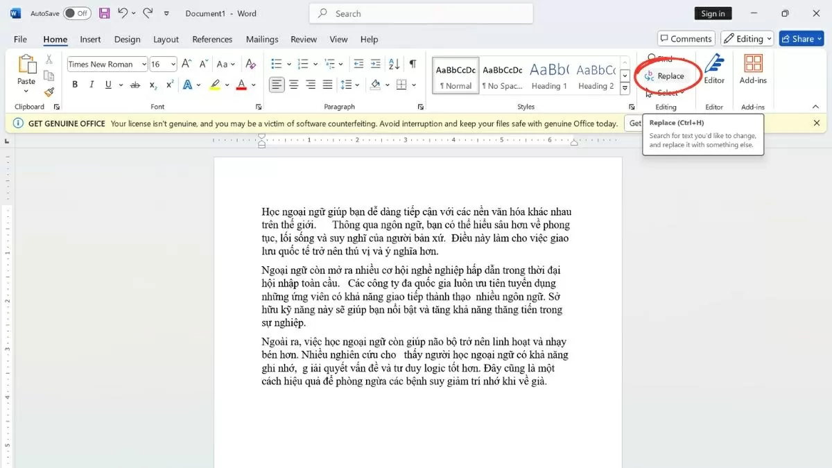 Mở tài liệu và nhấn “Ctrl + H” hoặc chọn “Replace” trong tab “Home”.
