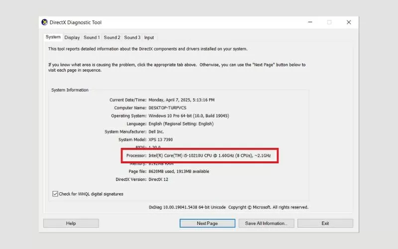 Một cửa sổ có tên DirectX Diagnostic Tool sẽ xuất hiện