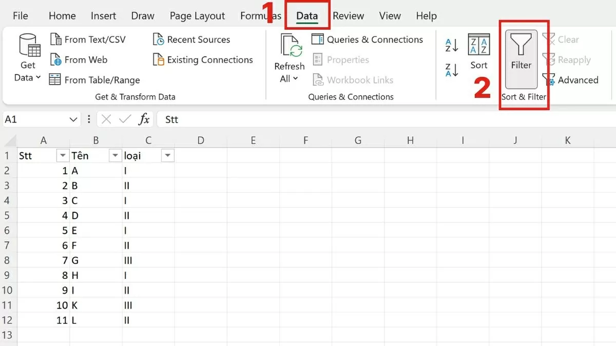 Truy cập tab Data (Dữ liệu)