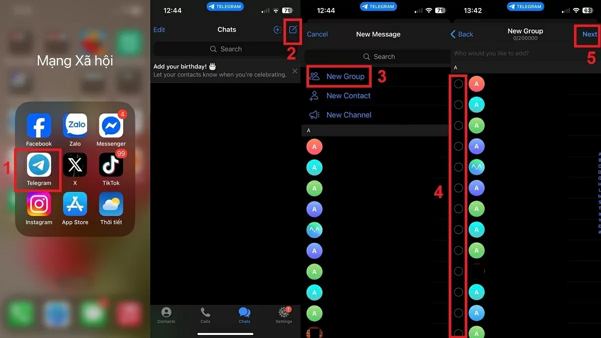 Các bước livestream nhóm trên Telegram bằng điện thoại.