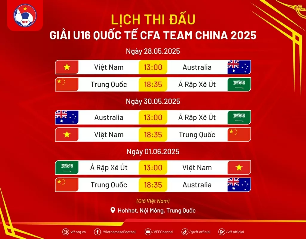 Lịch thi đấu của U16 Việt Nam tại giải bóng đá giao hữu quốc tế Trung Quốc