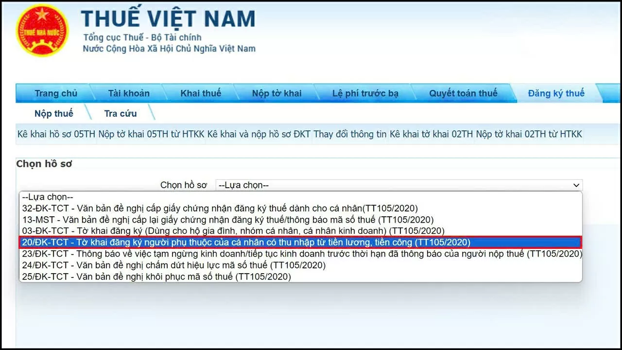 Chọn tờ khai 20/ĐK-TCT – Tờ khai đăng ký người phụ thuộc của cá nhân có thu nhập từ tiền lương, tiền công (theo Thông tư 105/2020).