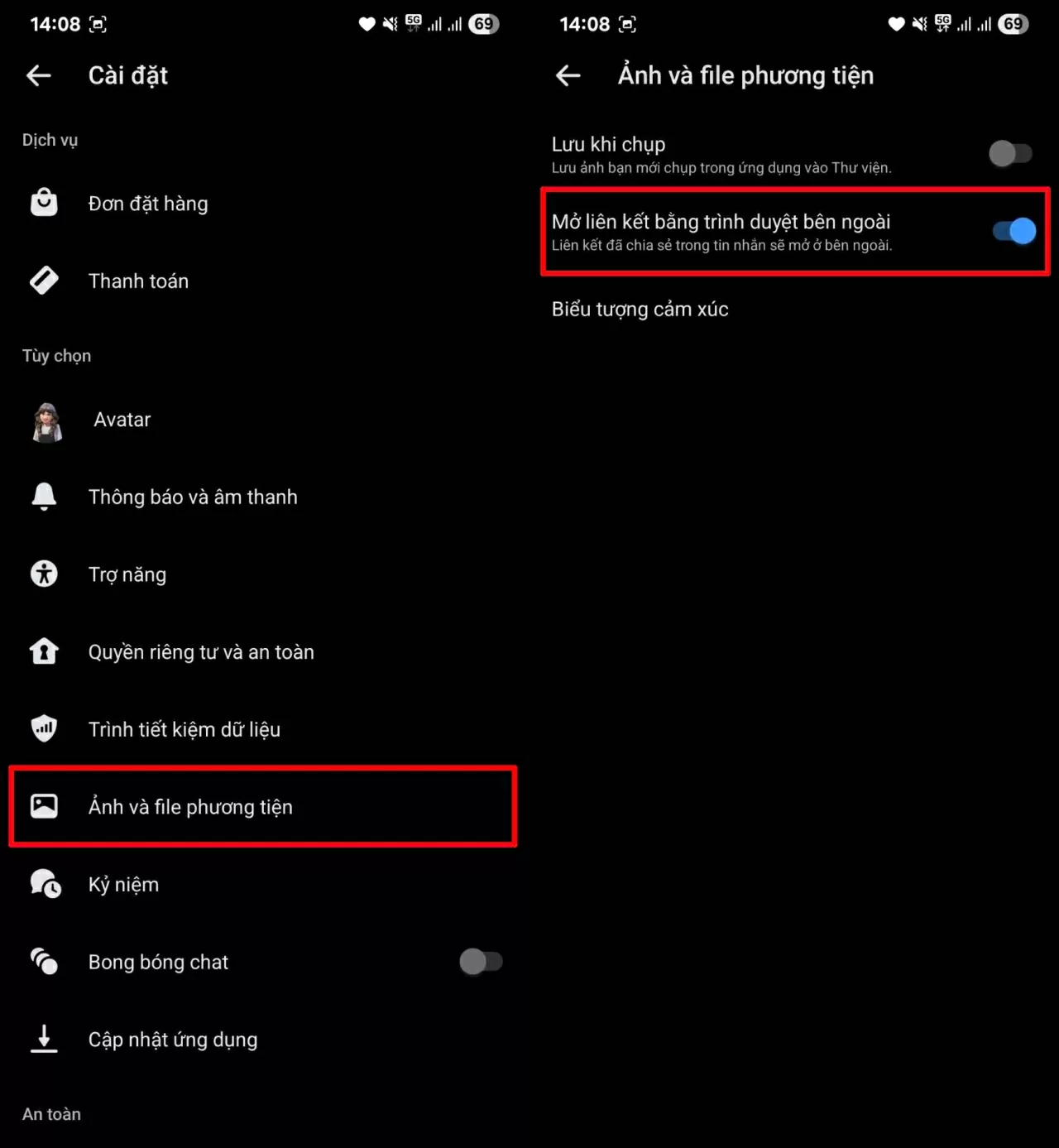 Cuộn xuống phần Ảnh và file phương tiện.