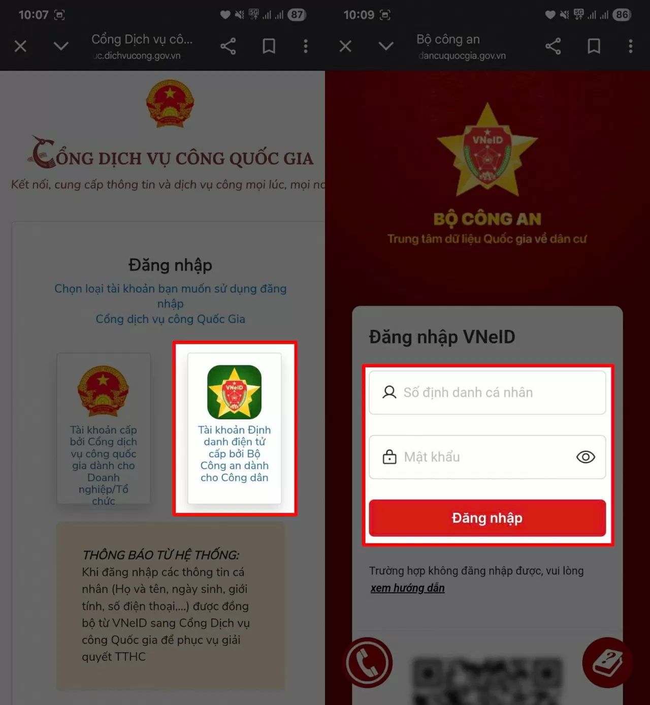 Chọn hình thức đăng nhập bằng Tài khoản định danh cá nhân.