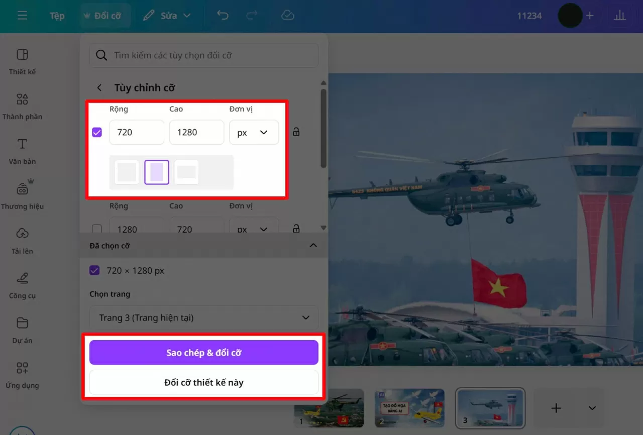 Bấm “Đổi cỡ thiết kế này” để Canva tiến hành xử lý.