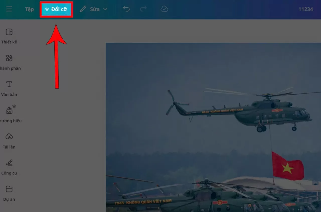 Nhấn vào nút “Đổi cỡ” (Resize).