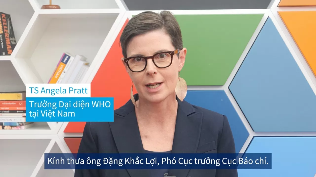 Tiến sĩ Angela Pratt, Trưởng đại diện WHO tại Việt Nam trong video gửi đến Hội thảo. (Nguồn: Video từ BTC) Tiến sĩ Angela Pratt, Trưởng đại diện WHO tại Việt Nam trong video gửi đến Hội thảo. (Nguồn: Video từ BTC)