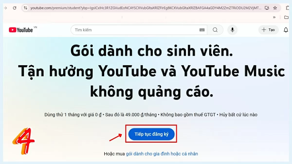 Nhấn “Tiếp tục đăng ký” để sang bước tiếp theo.
