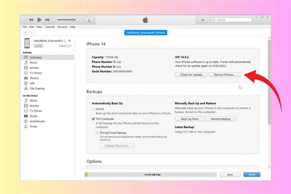 Nhấn Restore iPhone để tiến hành khôi phục.
