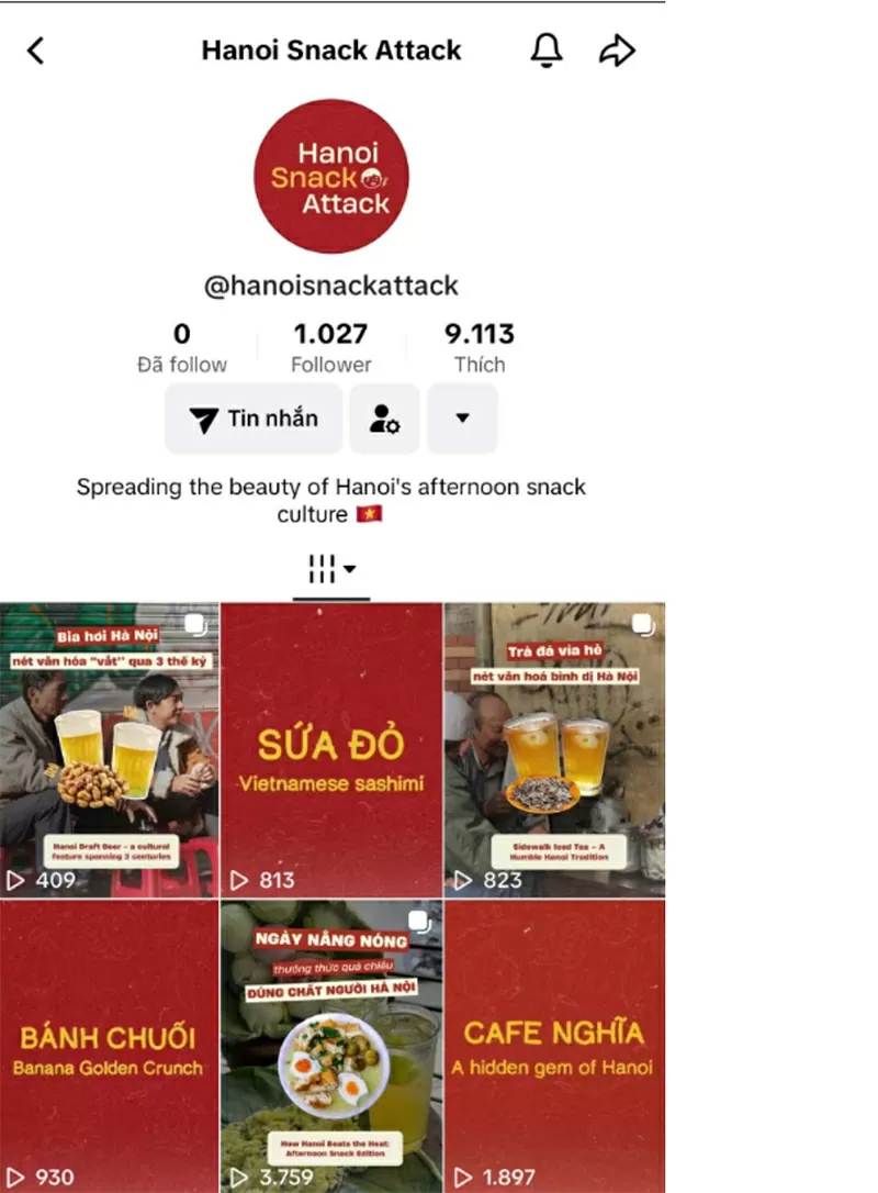 Kênh Tiktok của Hanoi Snack Attack cán mốc 1000 followers chỉ sau 1 tháng (Ảnh: Hanoi Snack Attack) Kênh Tiktok của Hanoi Snack Attack cán mốc 1000 followers chỉ sau 1 tháng (Ảnh: Hanoi Snack Attack)