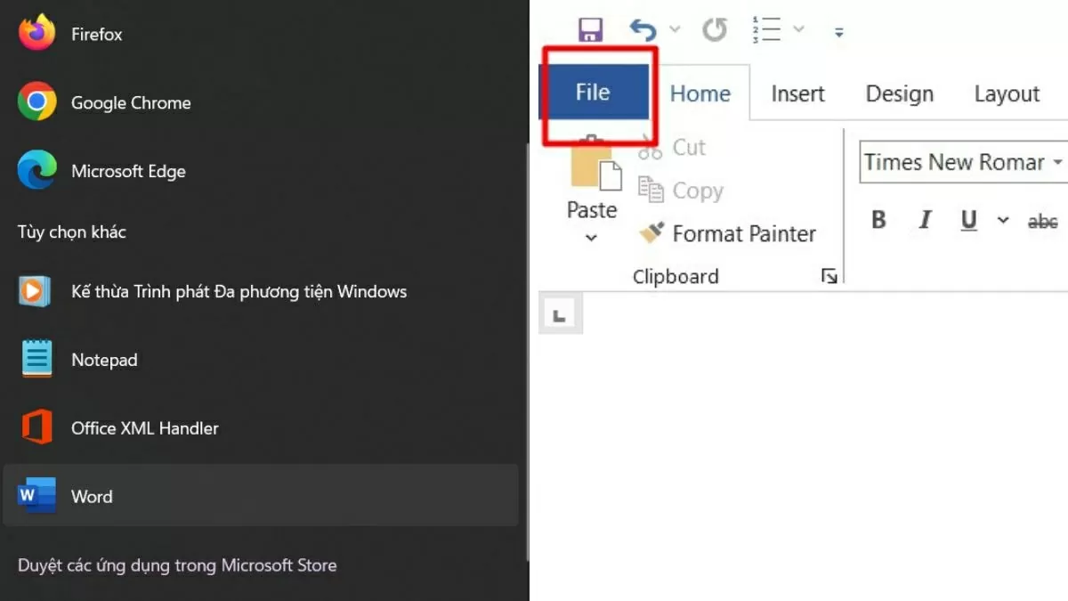 Nhấn vào tab File ở góc trên bên trái màn hình.