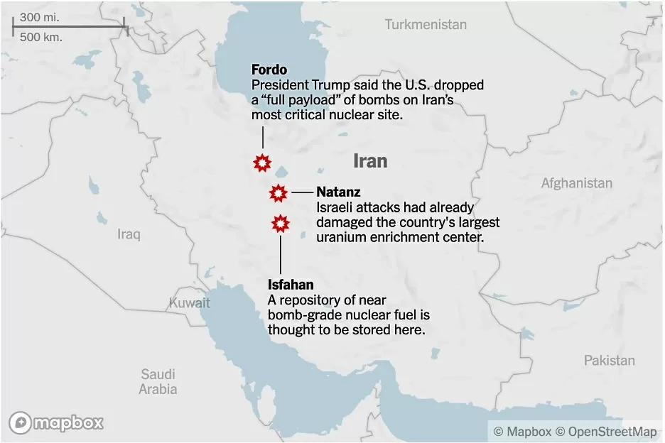 Các địa điểm hạt nhân của Iran bị Hoa Kỳ ném bom vào ngày 21/6. (Nguồn: NYT) Các địa điểm hạt nhân của Iran bị Hoa Kỳ ném bom vào ngày 21/6. (Nguồn: NYT)