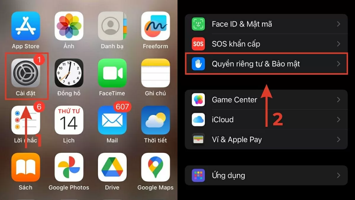 Chọn mục Quyền riêng tư & Bảo mật.