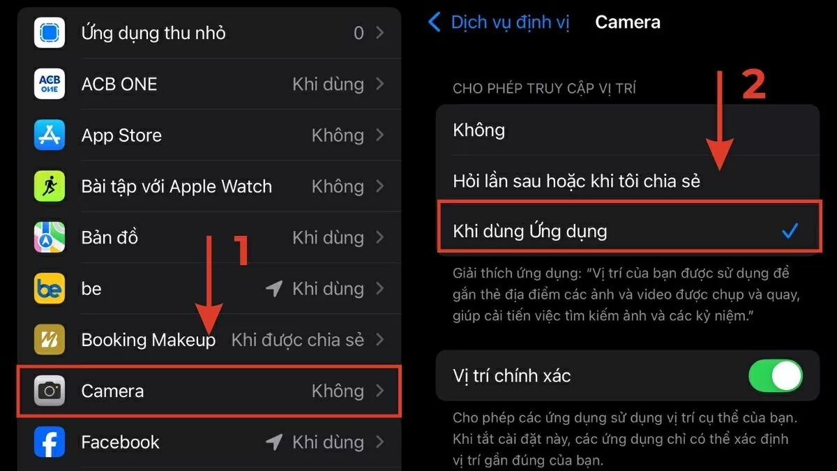 họn Khi dùng ứng dụng để cho phép gắn vị trí khi sử dụng máy ảnh.. họn Khi dùng ứng dụng để cho phép gắn vị trí khi sử dụng máy ảnh..