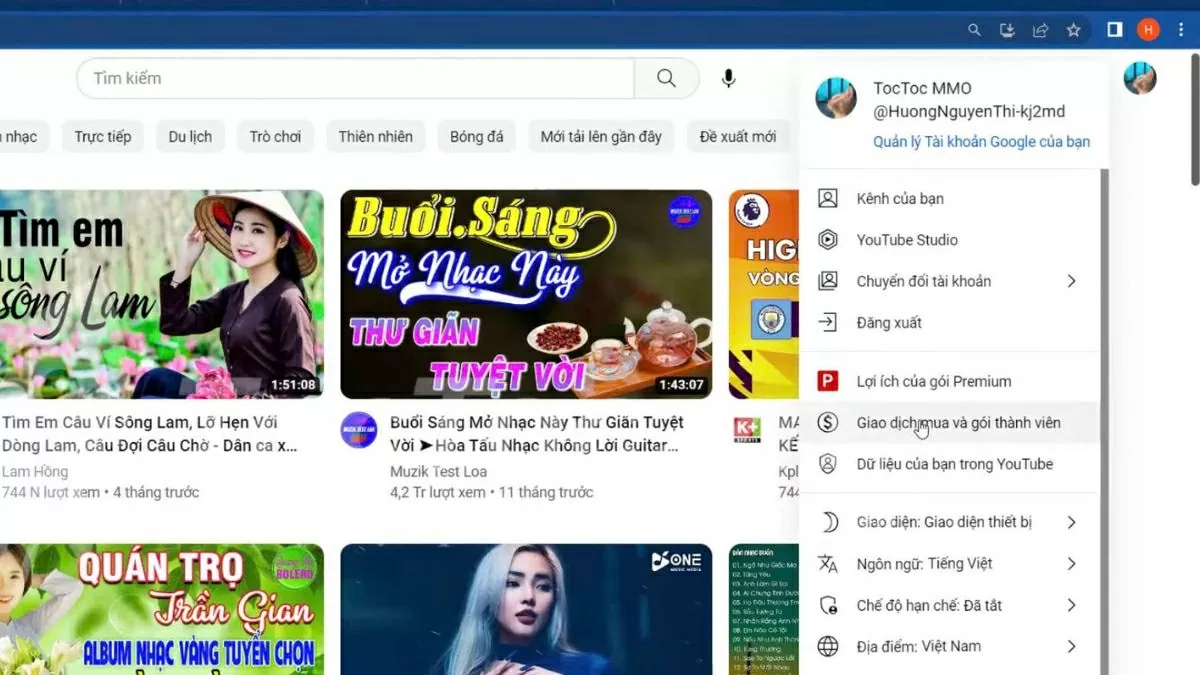 Chọn “Giao dịch mua và gói thành viên”.
