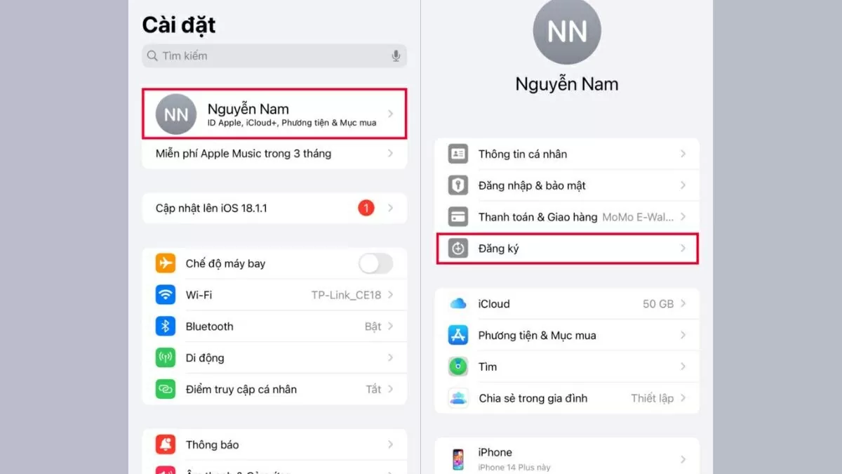 Nhấn vào tên tài khoản Apple ID.