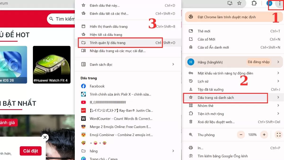 Chọn mục “Dấu trang”.