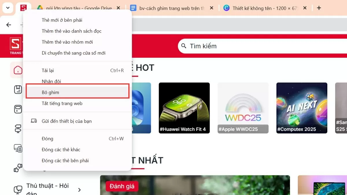 Cách gỡ ghim trang web khỏi thanh công cụ Google Chrome.