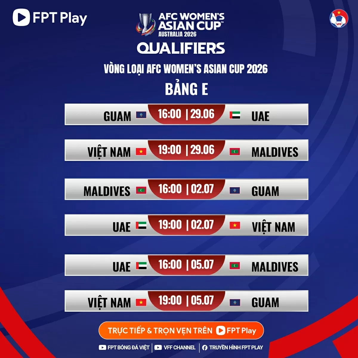 Lịch thi đấu của đội tuyển nữ Việt Nam tại vòng loại giải bóng đá nữ châu Á 2026 Lịch thi đấu của đội tuyển nữ Việt Nam tại vòng loại giải bóng đá nữ châu Á 2026