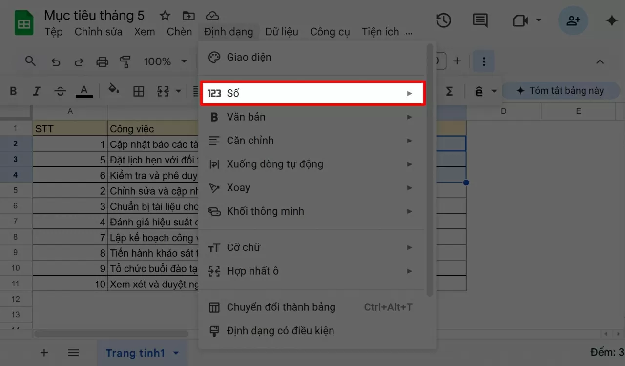 Chọn “Số” (Number).