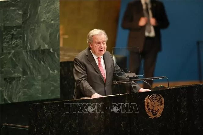 Tổng Thư ký Liên hợp quốc Antonio Guterres phát biểu tại sự kiện của Đại hội đồng kỷ niệm 80 năm ngày ký Hiến chương Liên hợp quốc, ngày 26/6. (Nguồn: TTXVN)