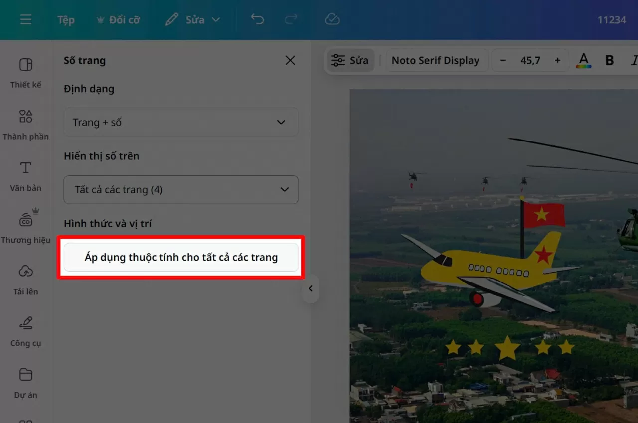 Nhấn Áp dụng cho tất cả các trang (Apply to all pages).