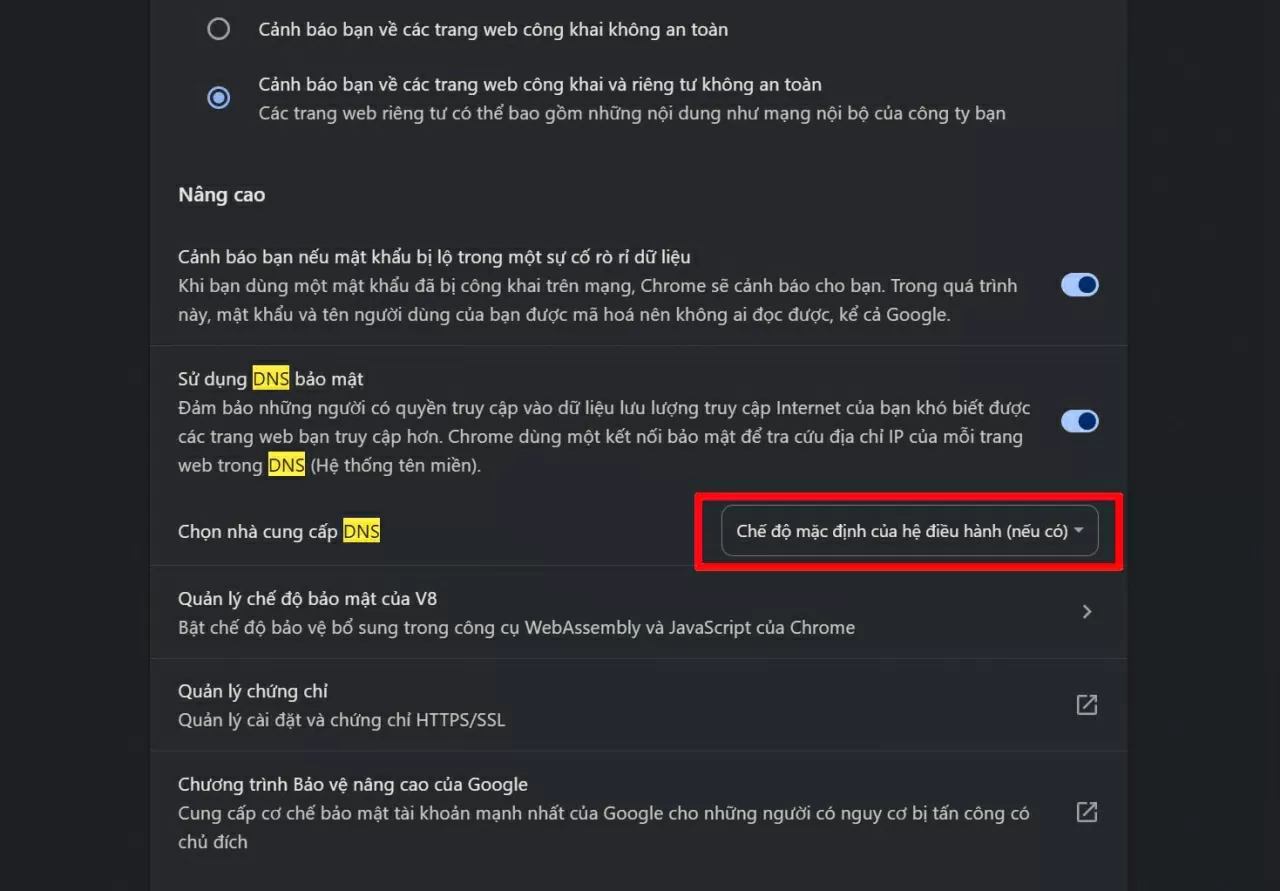  Chế độ mặc định của nhà cung cấp DNS và nhấn chọn vào đó.