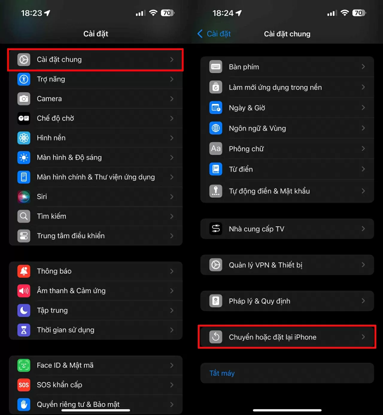 Vào Cài đặt > Cài đặt chung > Chuyển hoặc đặt lại iPhone.