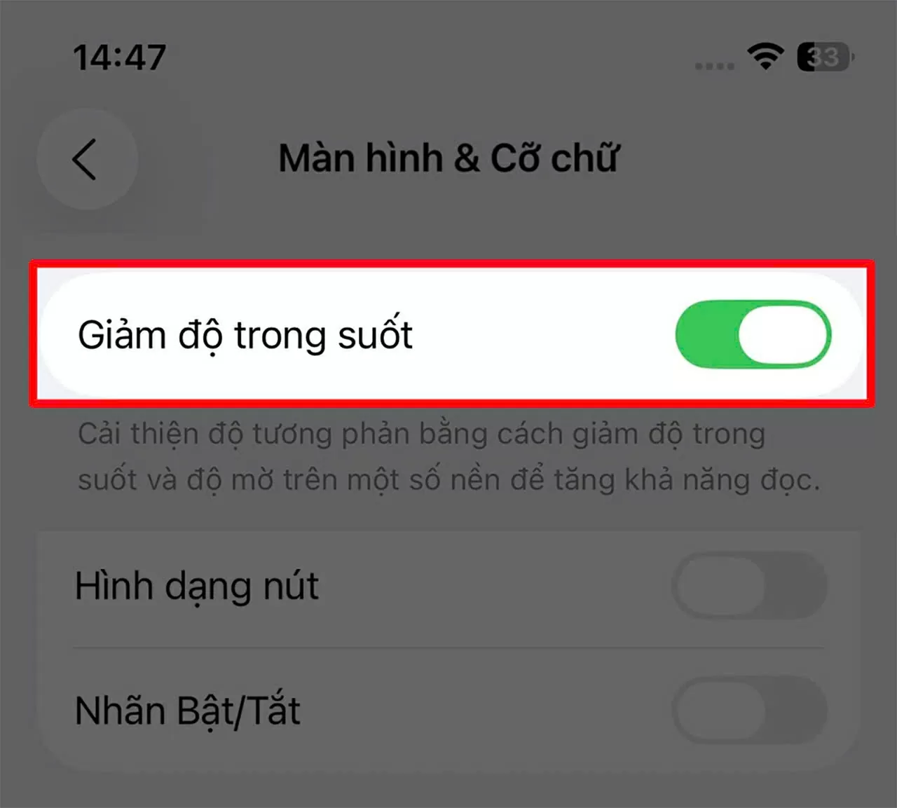 Tìm đến dòng Giảm độ trong suốt và bật công tắc sang phải để kích hoạt..