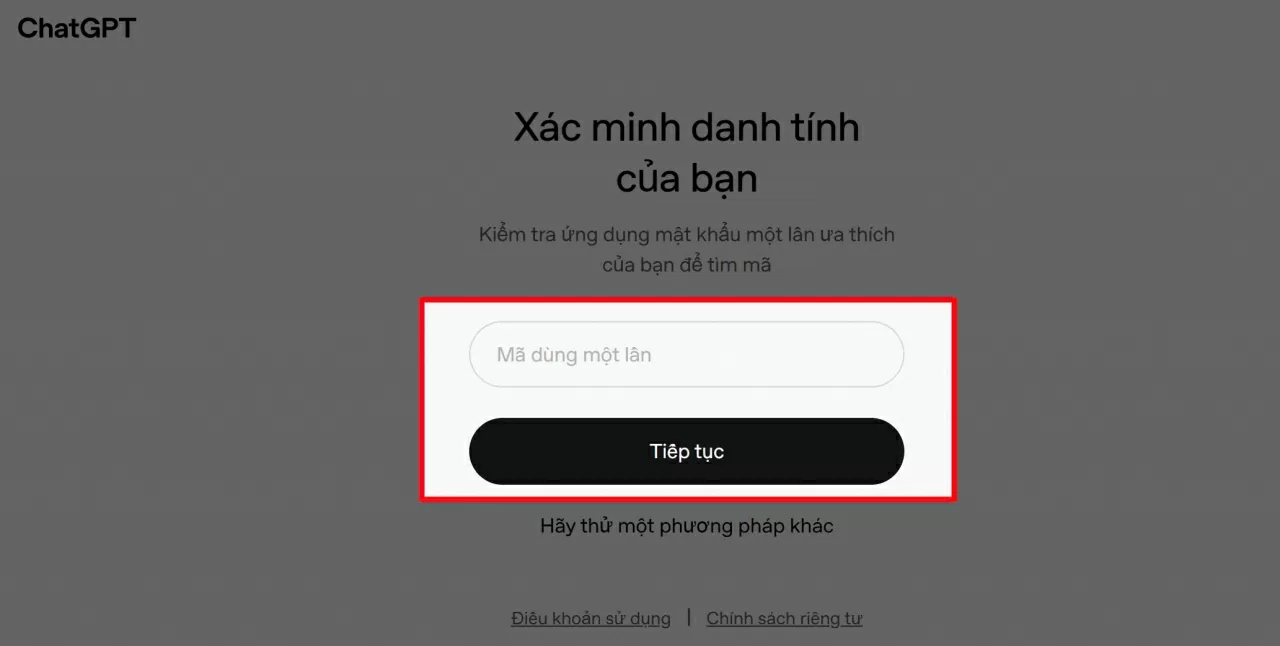 Nhập mã xác minh gồm 6 số.