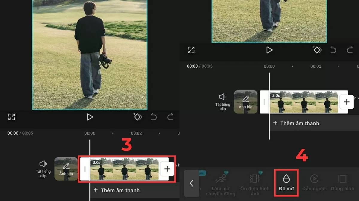 Chọn clip và tìm công cụ chỉnh độ mờ. Chọn clip và tìm công cụ chỉnh độ mờ.