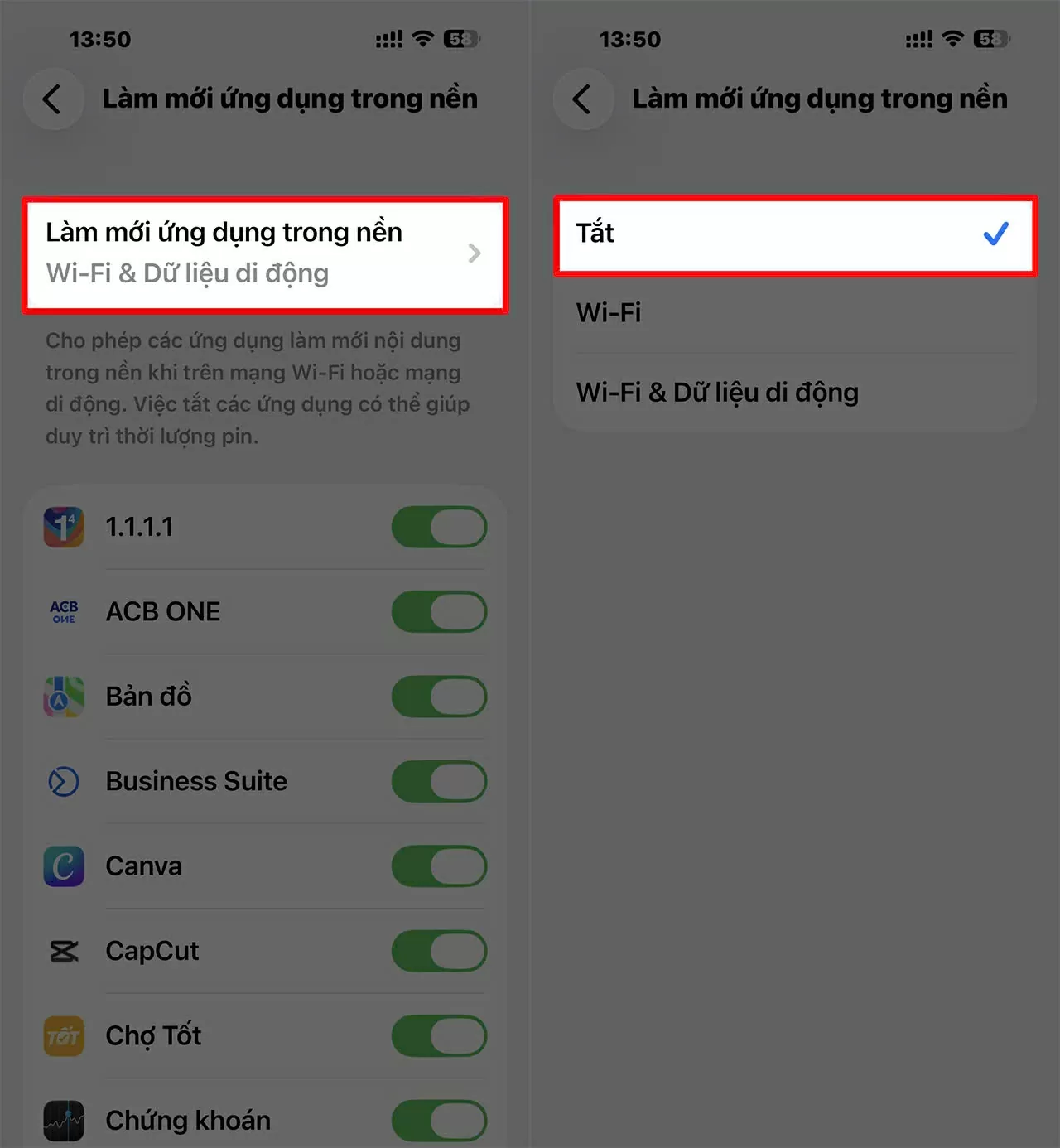 Chọn Tắt hoặc Chỉ dùng Wi-Fi. Chọn Tắt hoặc Chỉ dùng Wi-Fi.