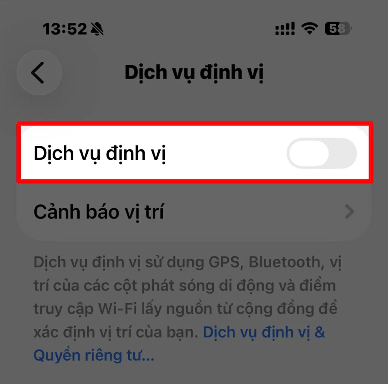 Nhấn vào Dịch vụ định vị. Nhấn vào Dịch vụ định vị.