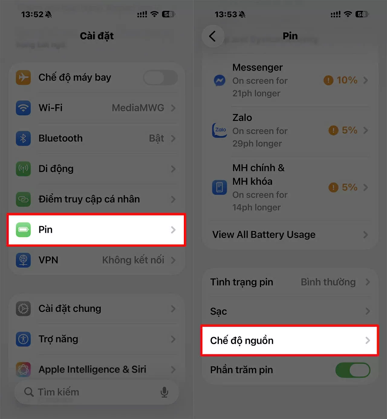Vào Cài đặt > chọn Pin.