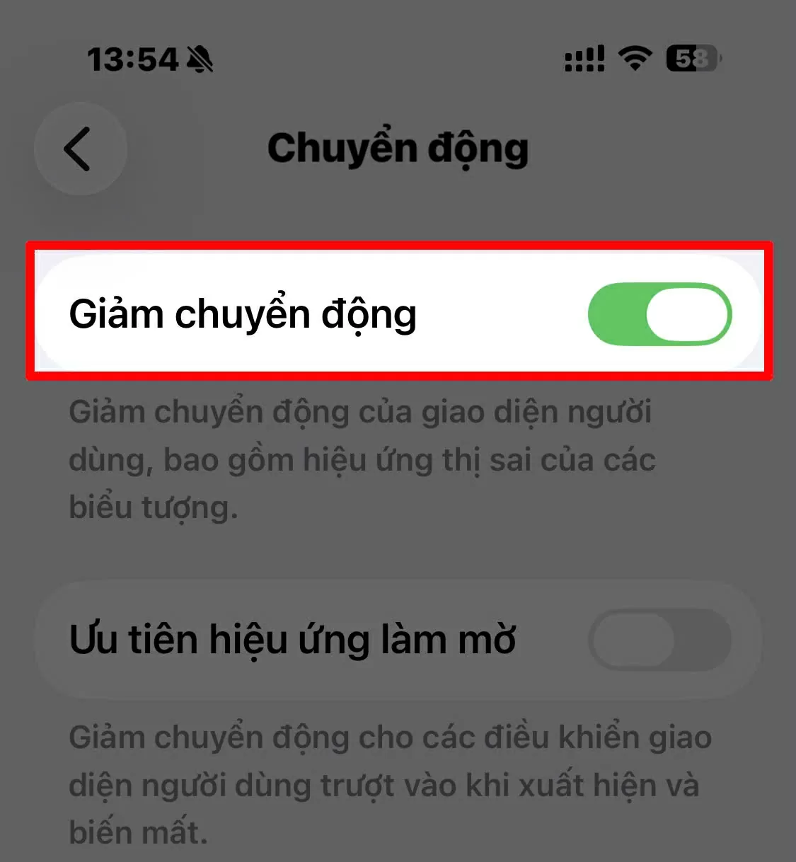 Gạt bật Giảm chuyển động. Gạt bật Giảm chuyển động.