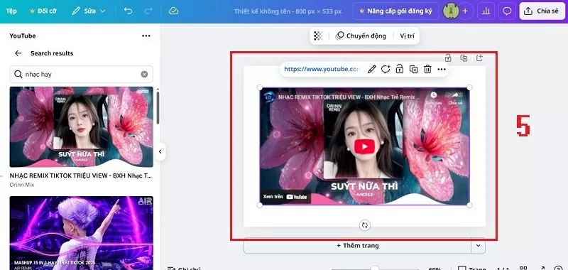 Video được chọn sẽ lập tức hiển thị trong vùng làm việc.