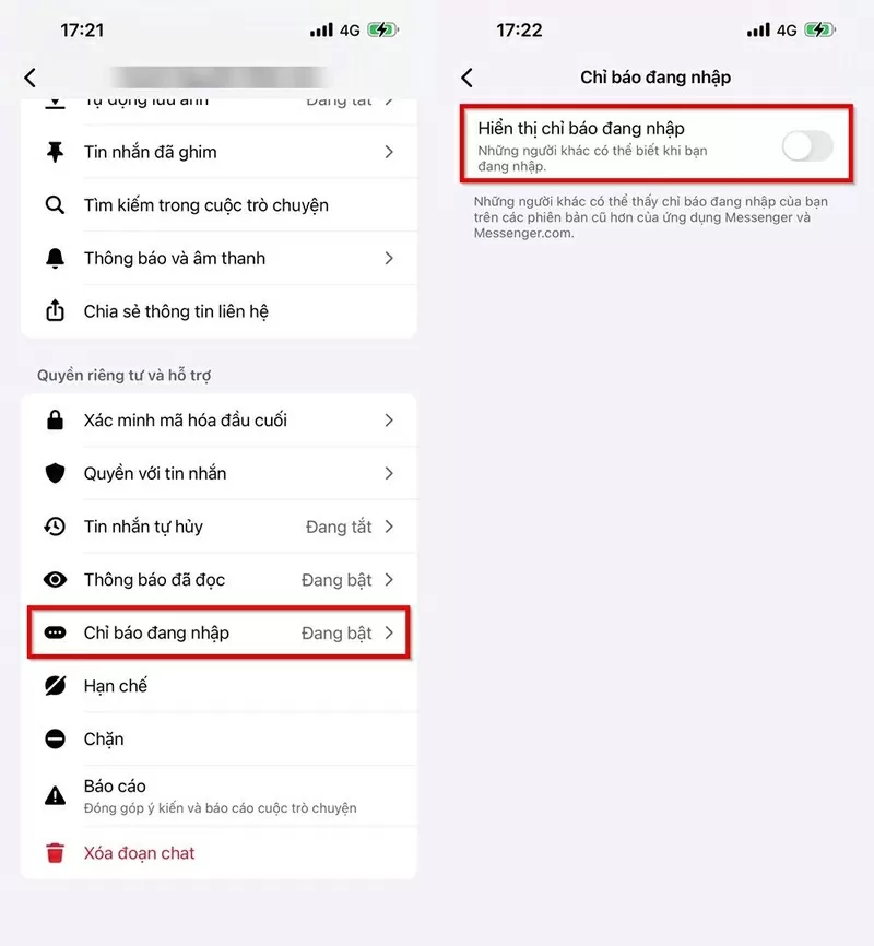 Cuộn xuống, chọn Chỉ báo đang nhập.